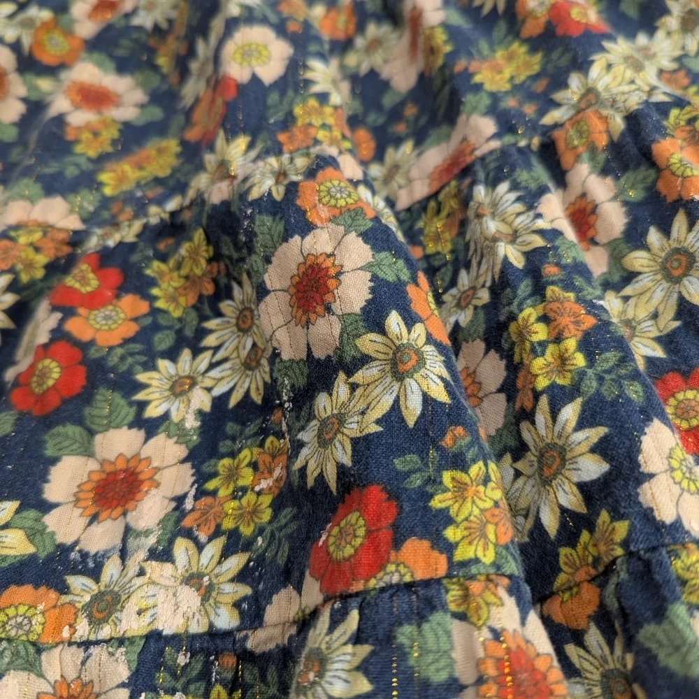Bonton Paris Girls Calypso Floral Midi Dress 70s Navy Blue Lurex Tiered Size 4